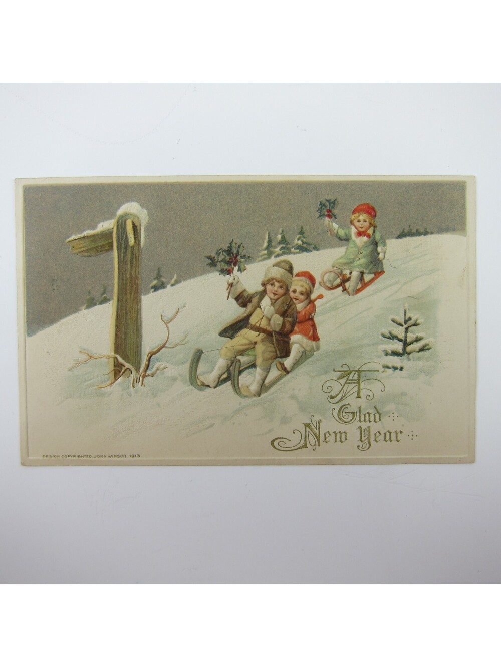 Postcard New Year's Children Sled Down Snowy Hill Winsch Embossed Antique 1913